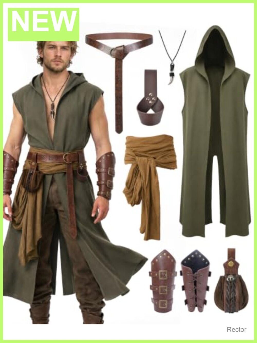 Mens 8pc Medieval Costume Set Hooded Surcoat Belt Pouch Bracers LARP